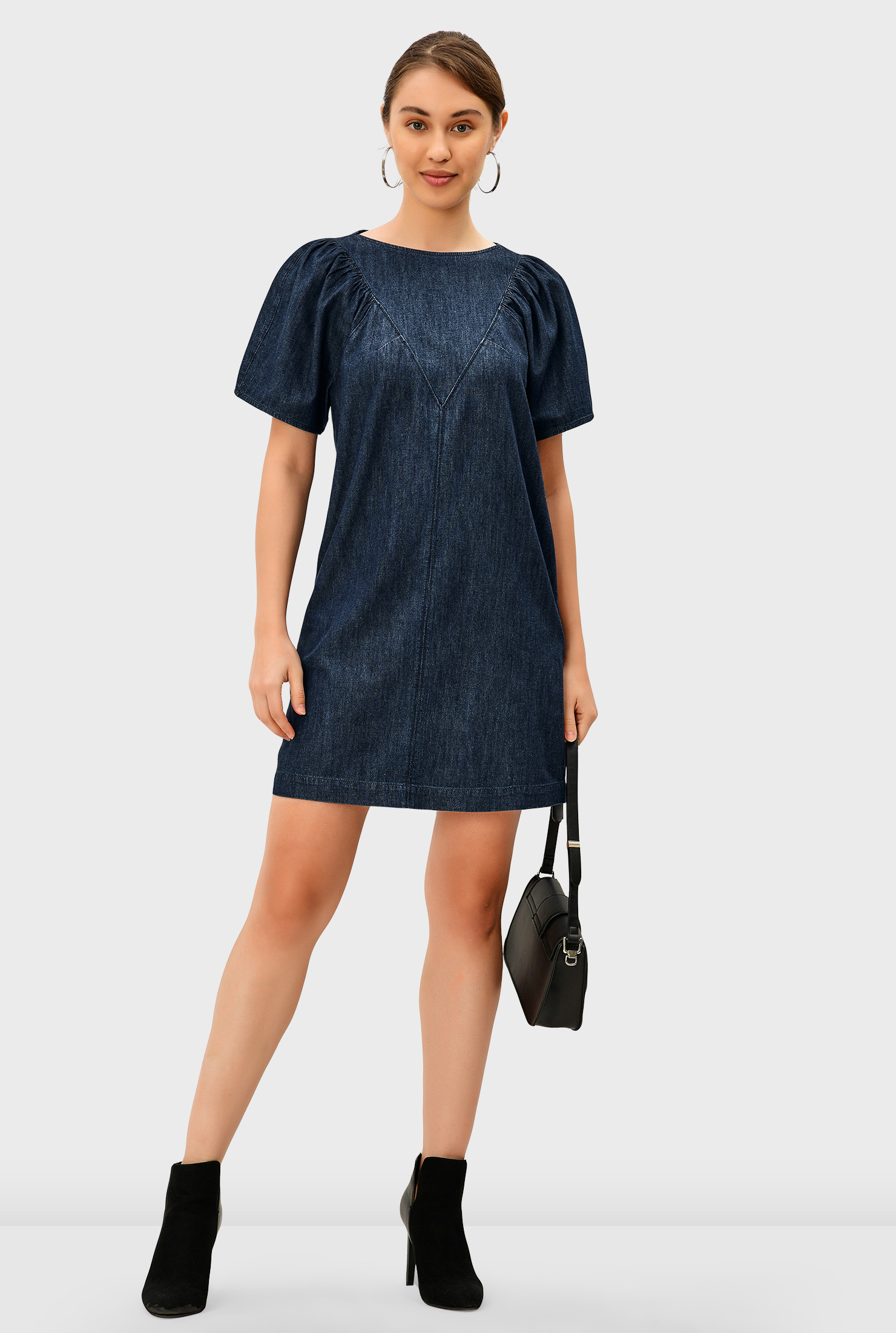 Shop Flared sleeve cotton denim shift dress eShakti