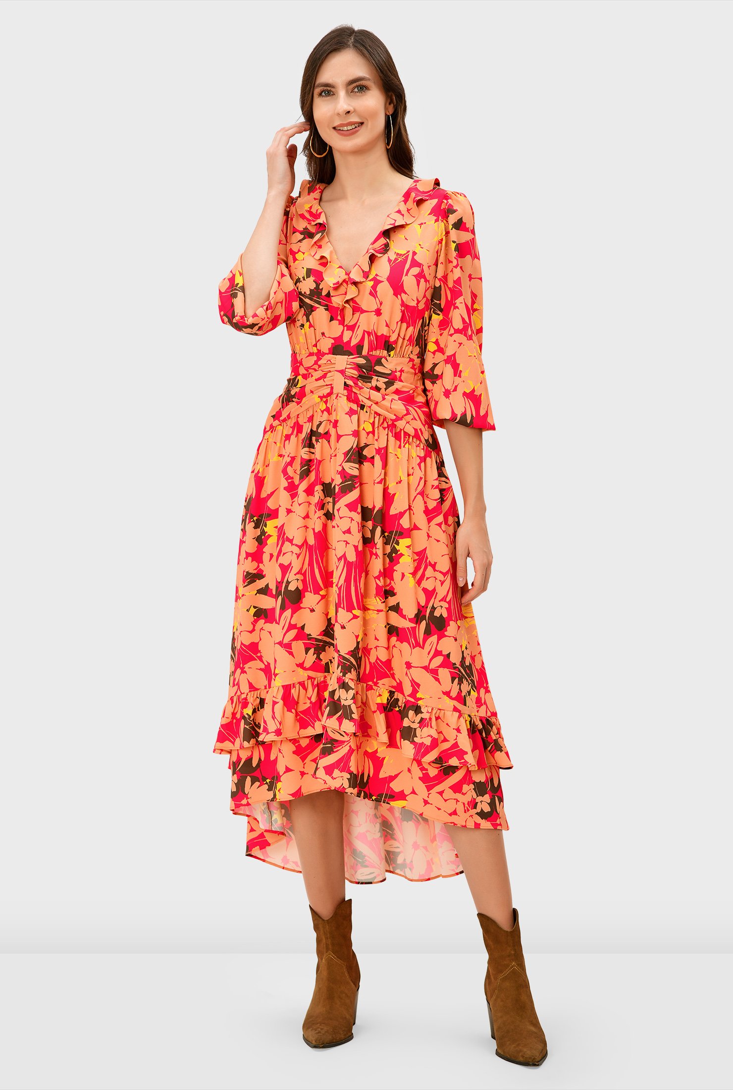 Shop Ruffle floral print crepe pleat waist dress | eShakti