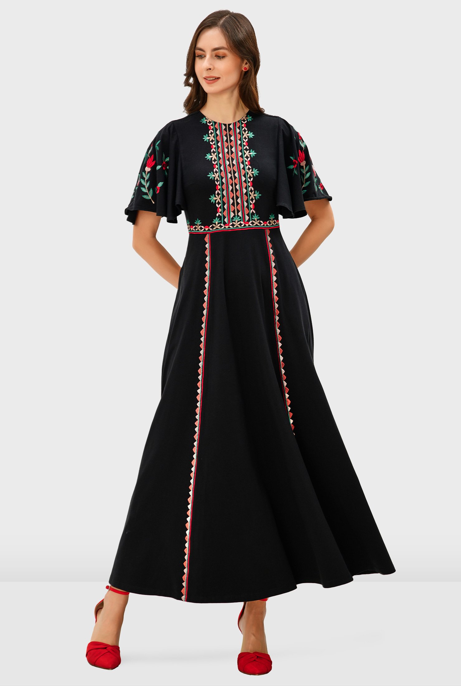 Shop Floral embroidery cotton jersey belted dress