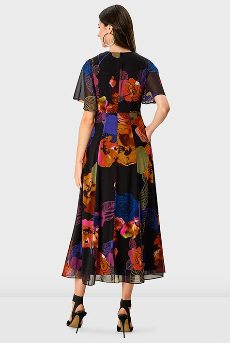 Shop sleeve floral print georgette pleat waist eShakti