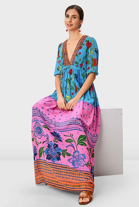 Shop Floral bird print georgette drawstring dress