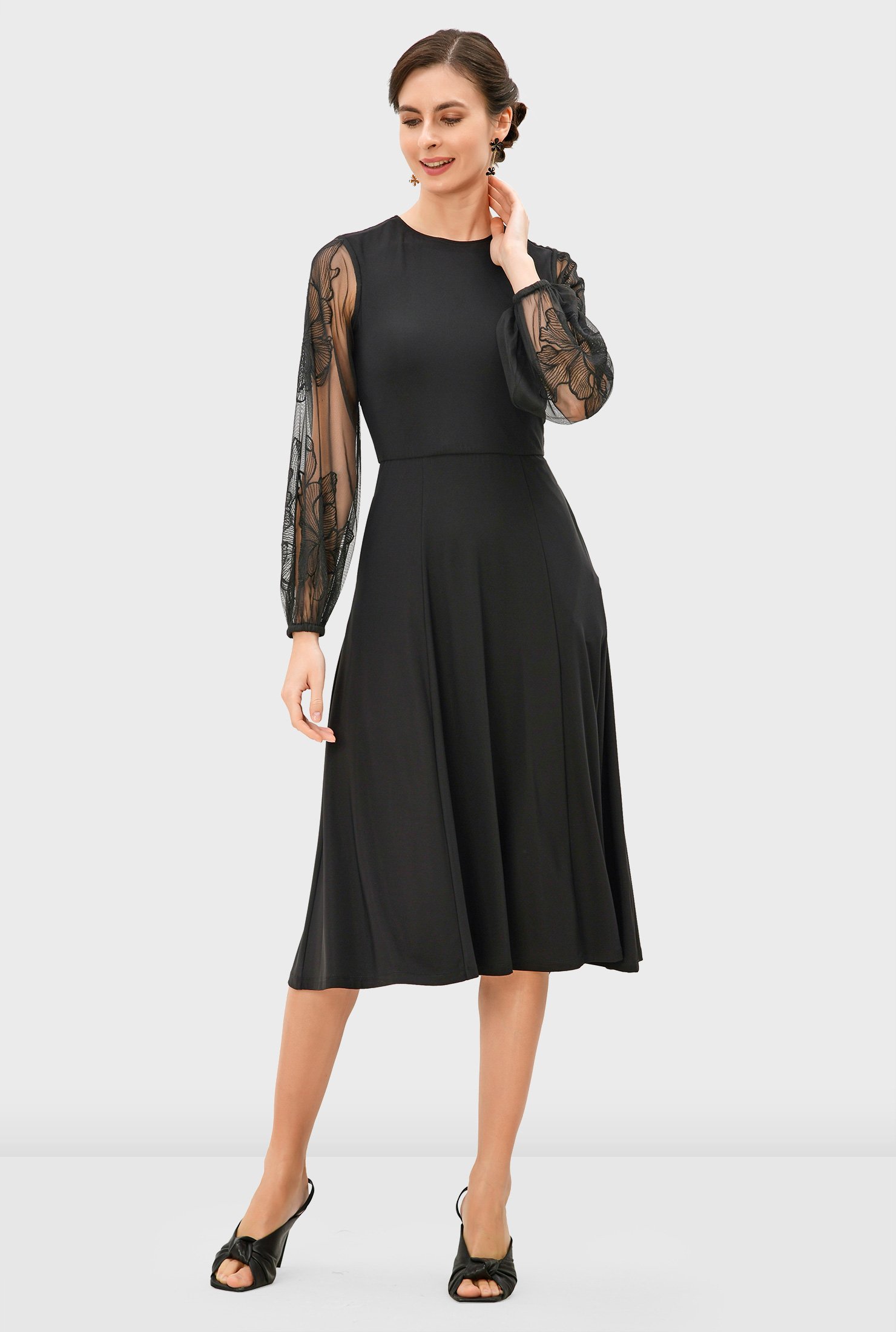 Embroidered tulle sleeve jersey knit dress