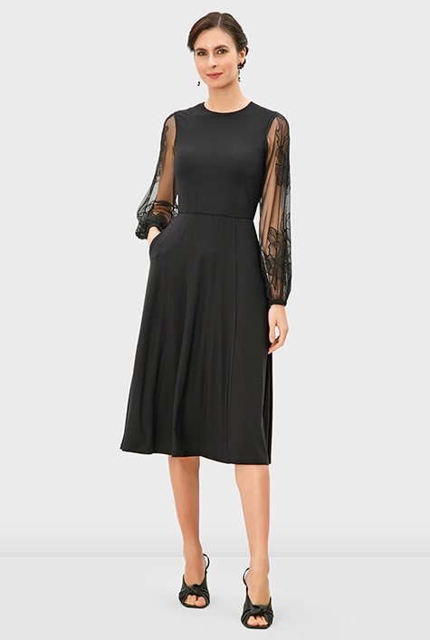 Shop Embroidered tulle sleeve jersey knit dress | eShakti