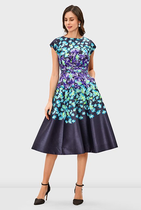 Shop Floral Print Dupioni Pleated Empire Dress Eshakti 1596