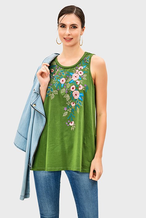 Shop Floral embroidery cotton jersey top