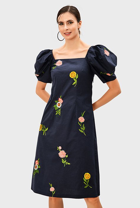 Shop Floral embroidery cotton poplin dress | eShakti