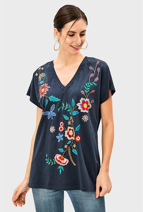 Floral embroidery cotton jersey top