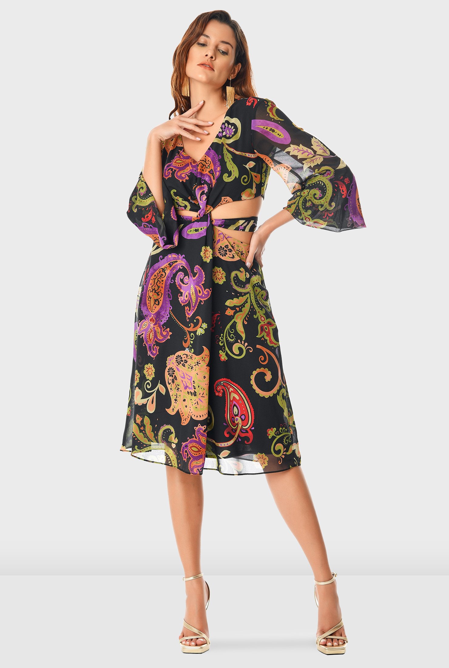 Cutout waist floral paisley print georgette dress