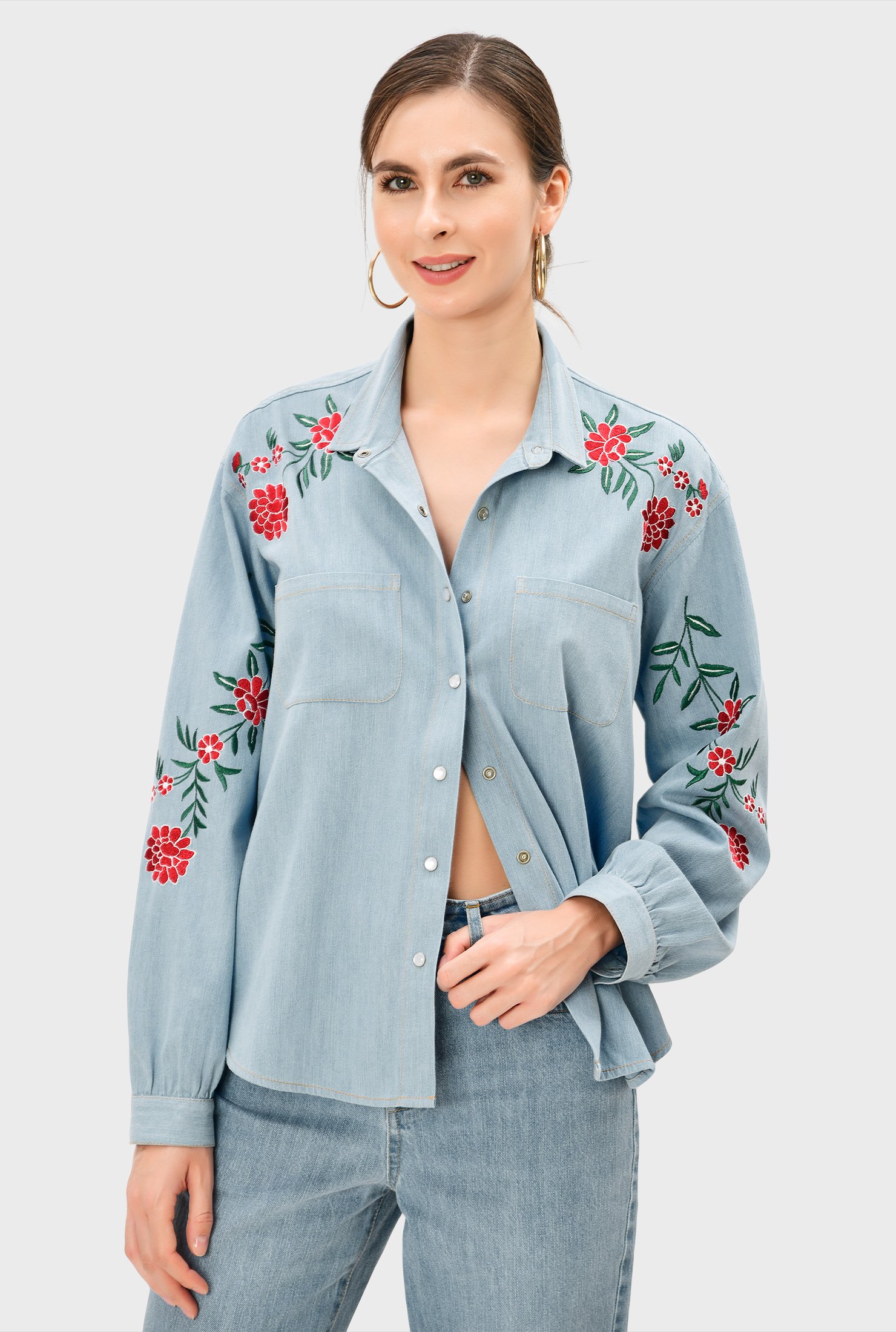 Shop Floral embroidery cotton denim high-low shirt | eShakti