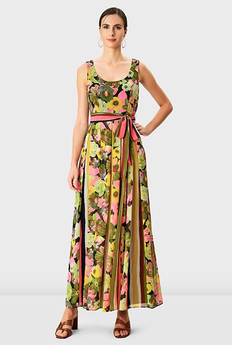 Shop Floral and stripe print georgette sash-tie dress | eShakti