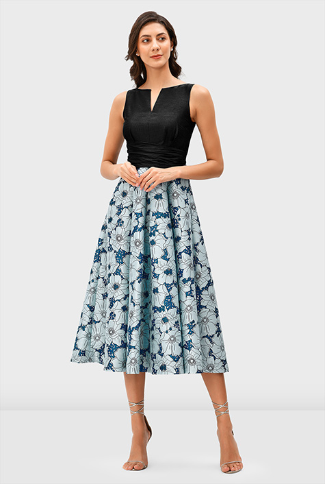 Shop Asymmetric pleat waist floral print dupioni dress eShakti