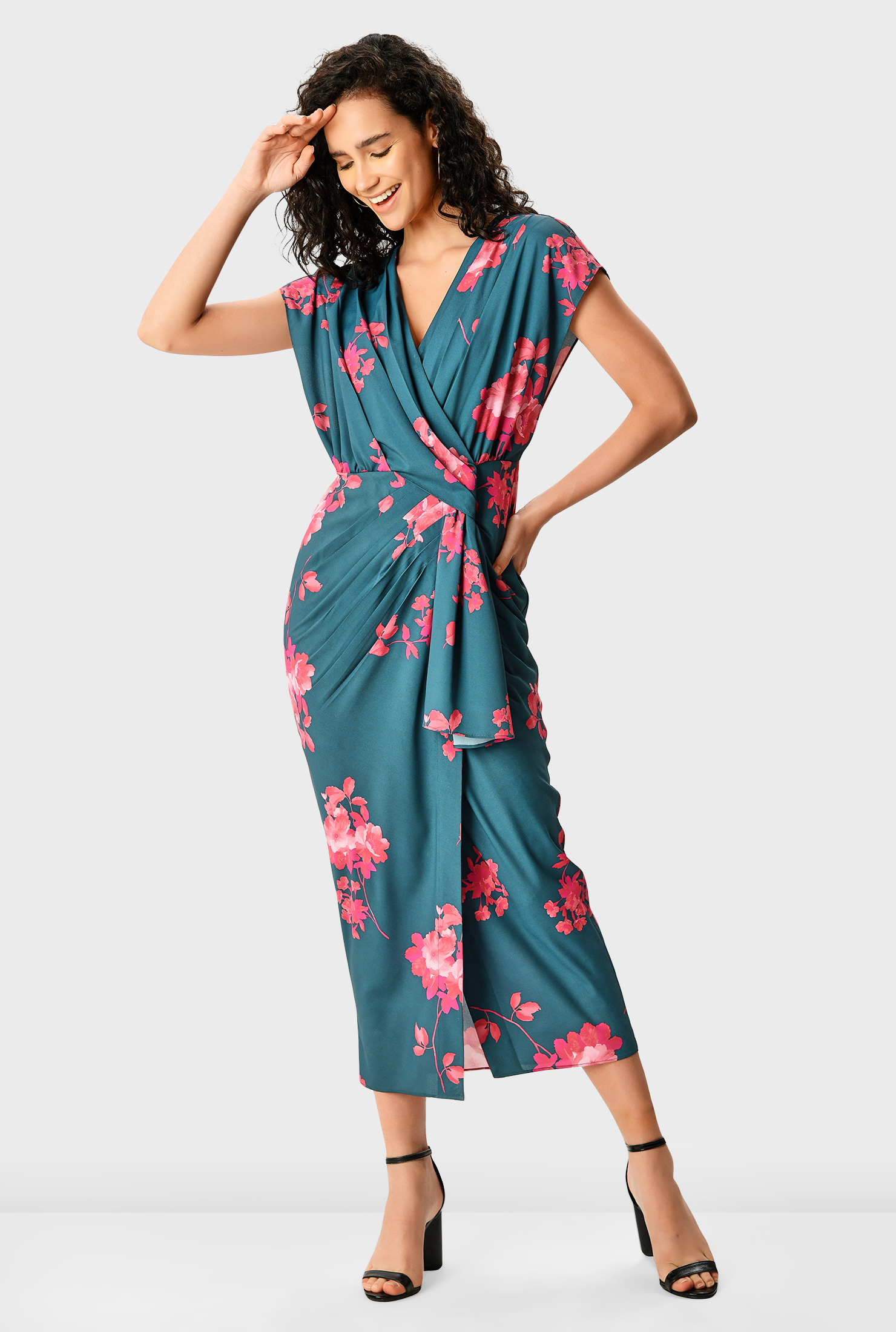 Shop Dolman sleeve floral print crepe faux wrap dress eShakti