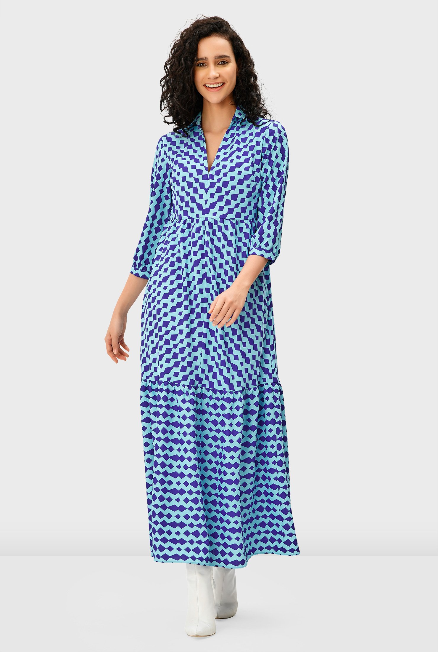 Shop Graphic Stripe Print Crepe Tier Dress Eshakti