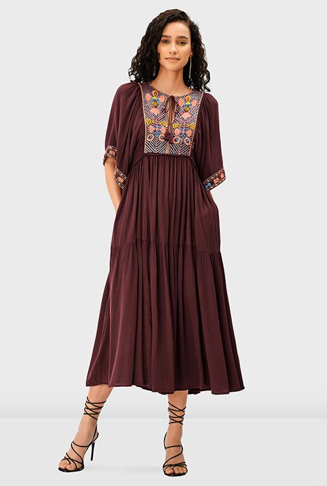 Shop Floral sequin embroidery Rayon Crinkle empire dress | eShakti