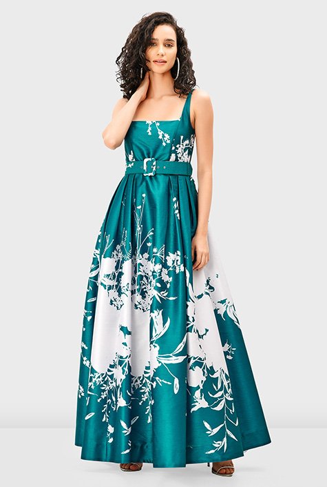 Shop Placed floral print dupioni belted maxi dress | eShakti