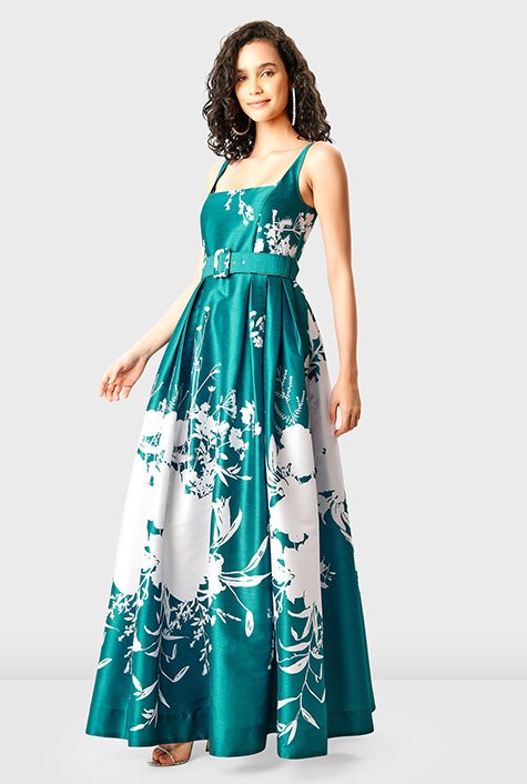 Shop Placed floral print dupioni belted maxi dress | eShakti