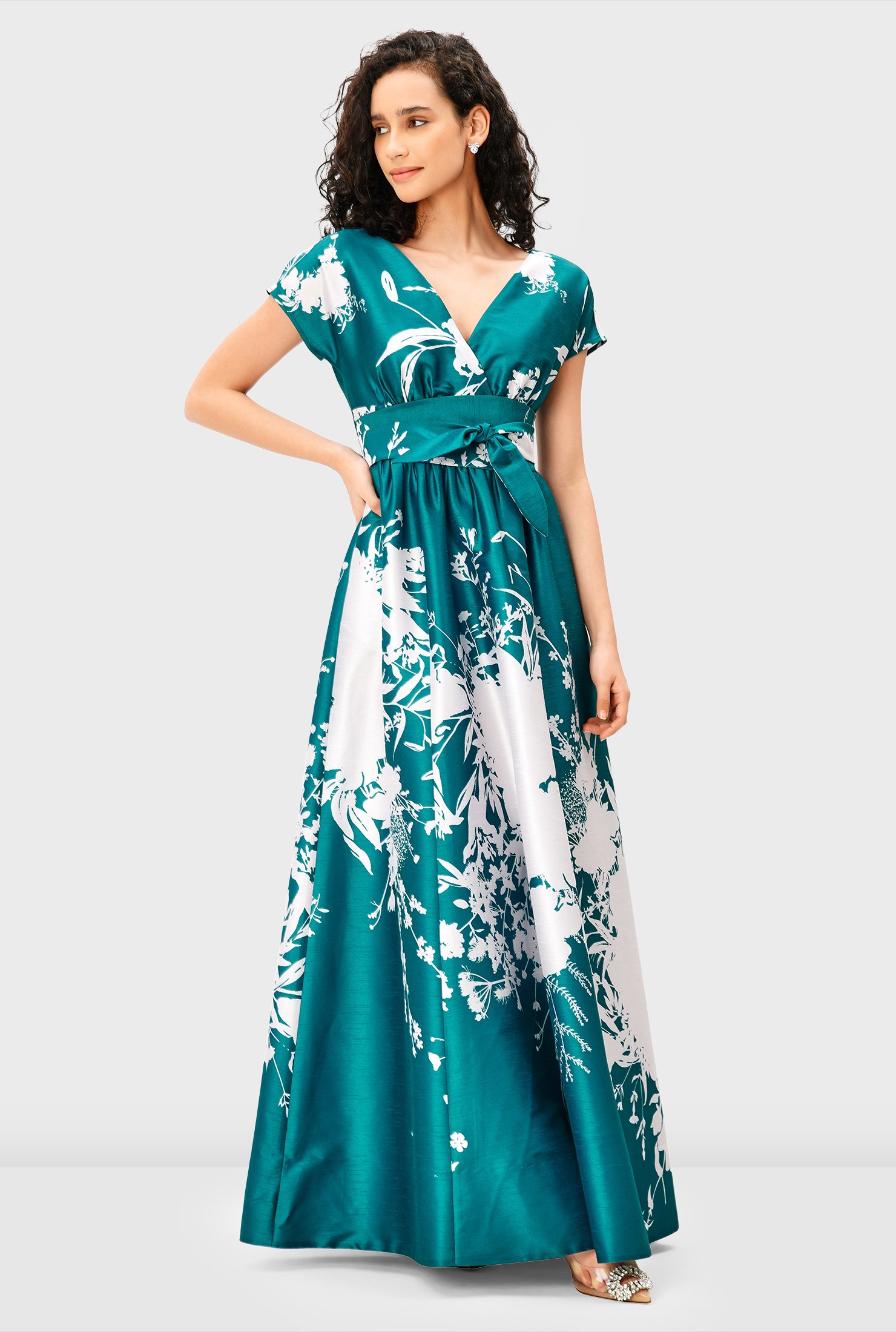 Shop Obi belt floral print dupioni surplice maxi dress | eShakti