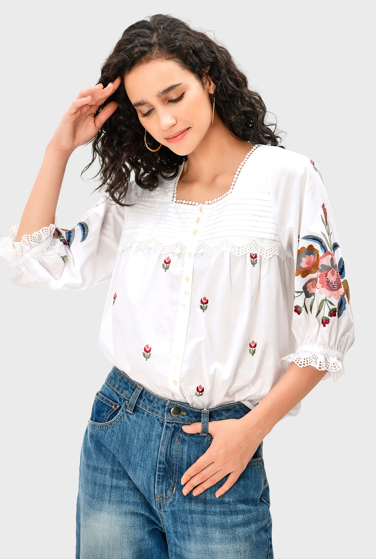 Shop Floral embroidery Egyptian Giza cotton voile lace trim blouse 