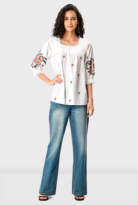 Floral embroidery Egyptian Giza cotton voile lace trim blouse