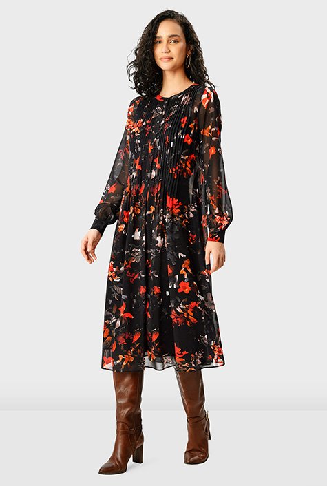 Pintuck pleat floral print georgette shirtdress