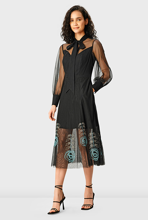 【未使用タグ付き】EMBROIDERY TULLE TIERED DRESS Shop Tie neck floral embroidery tulle dress | eShakti