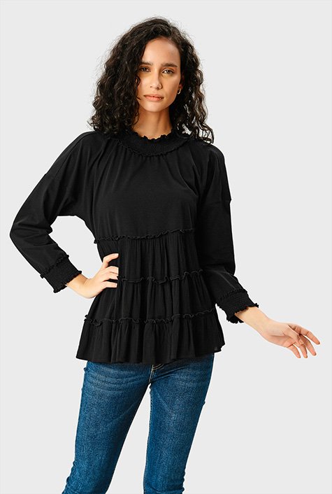 Turn up the volume this season with our dolman-sleeved style in cotton jersey knit with Rayon Crinkle tiers and ruffle frill trim. 