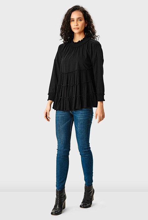 Turn up the volume this season with our dolman-sleeved style in cotton jersey knit with Rayon Crinkle tiers and ruffle frill trim. 