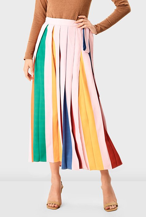 Stripe crepe pleated wrap skirt