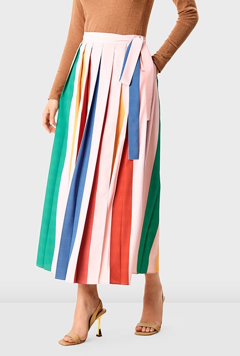 Shop Stripe crepe pleated wrap skirt | eShakti
