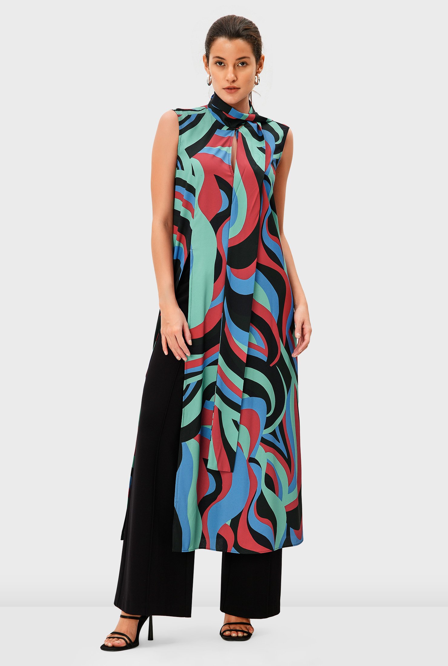 Tie neck swirl print crepe shift dress