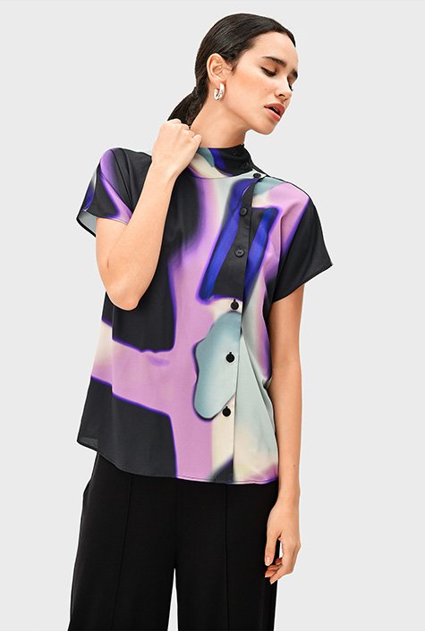 Shop Side button abstract print crepe top | eShakti