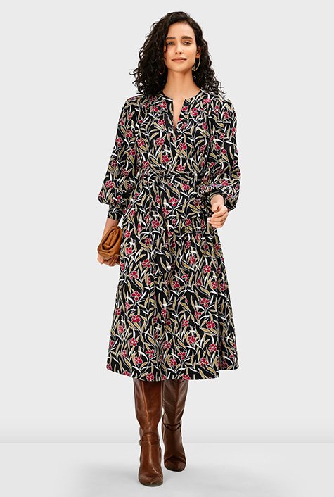 Shop Floral print cotton poplin belted shift dress | eShakti