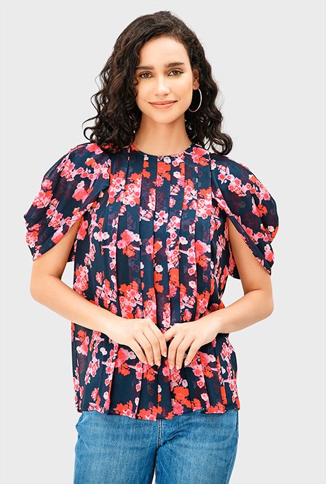 Asymmetric puff sleeve floral print georgette blouse