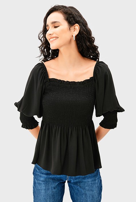 Fine crepe twill smocked peplum top