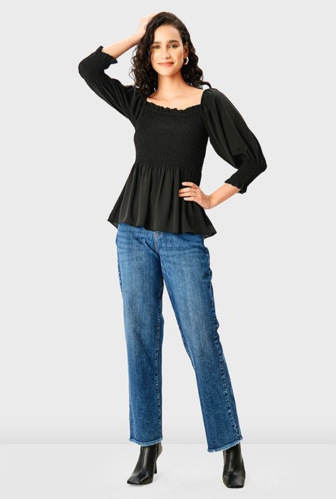 Fine crepe twill smocked peplum top