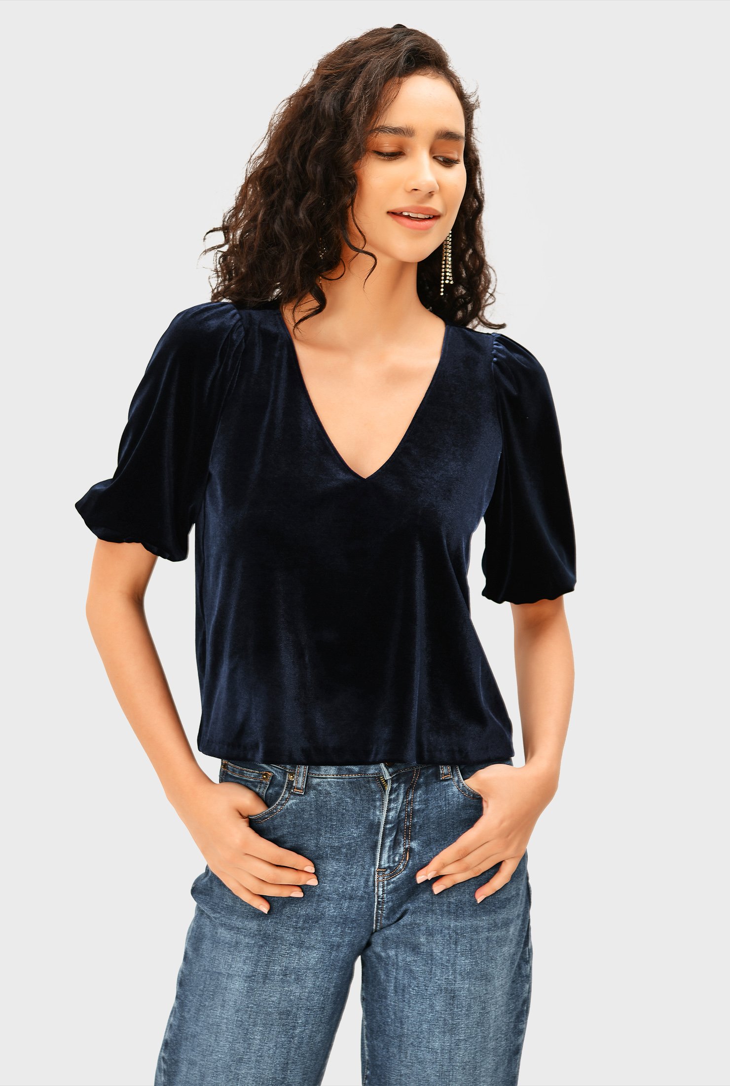 Shop Puff sleeve stretch velvet top | eShakti
