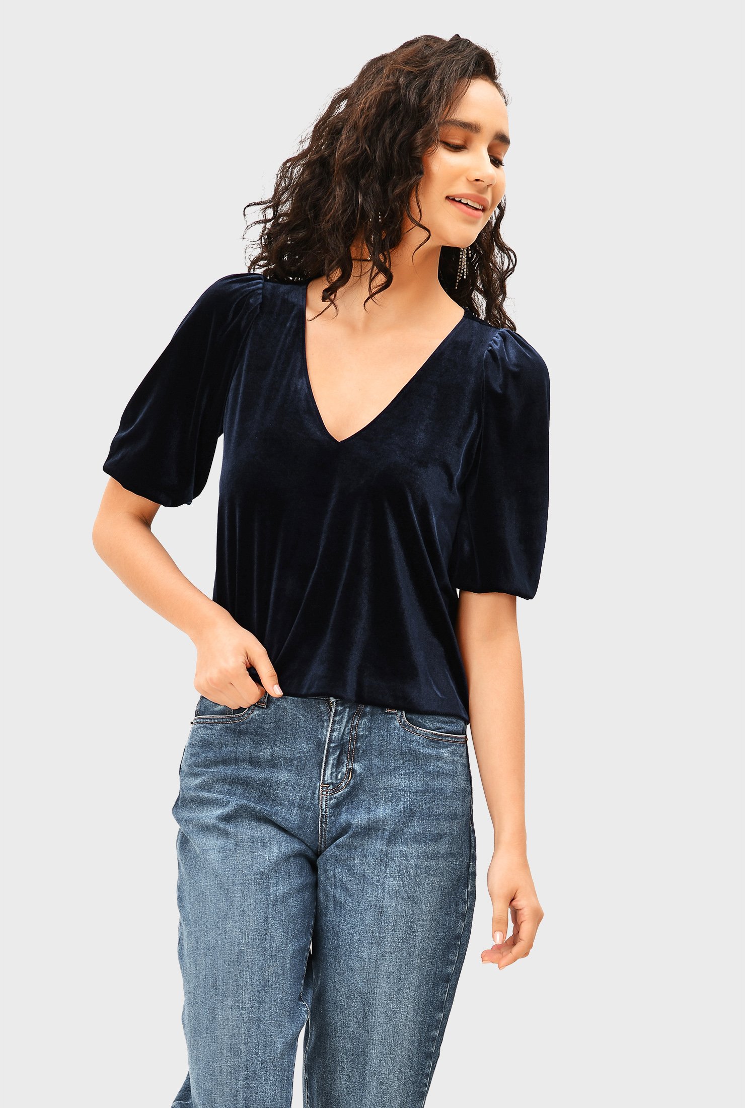 Shop Puff sleeve stretch velvet top | eShakti