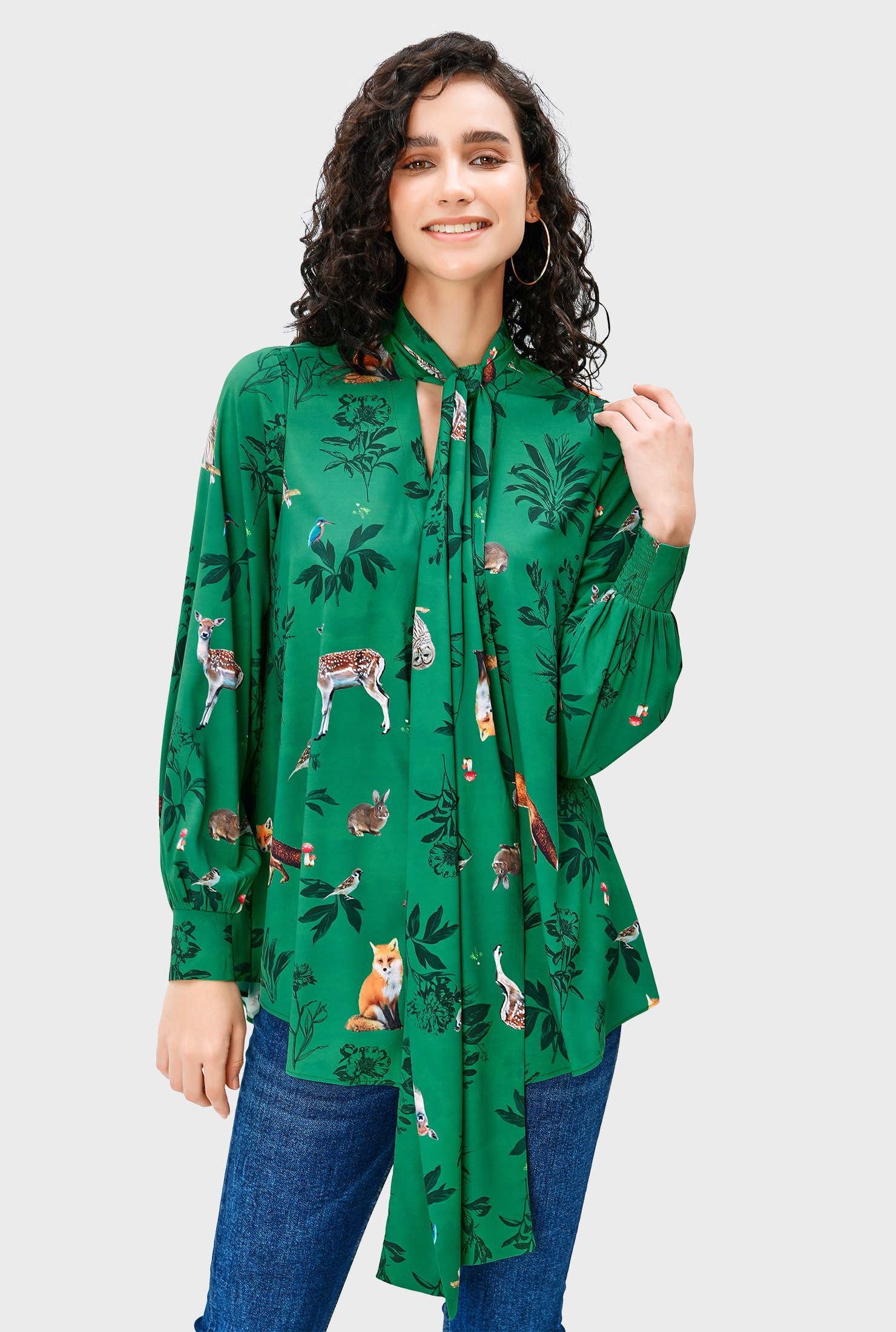 Tie neck forest flora and fauna print crepe shirt