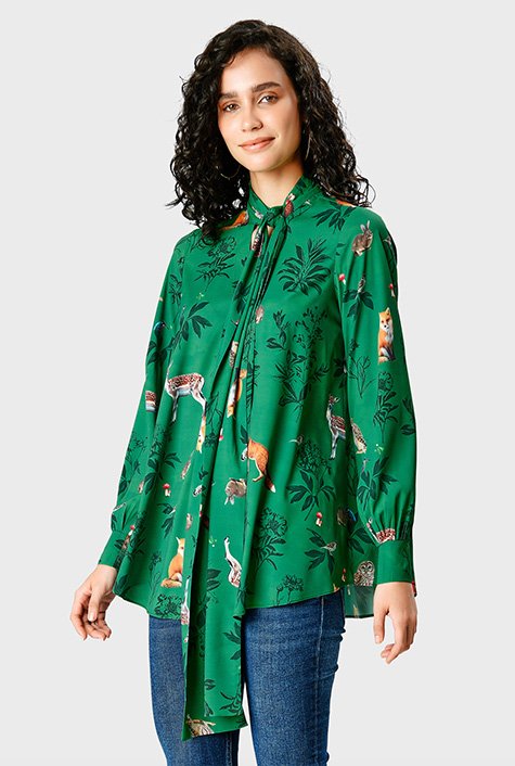 Shop Tie neck forest flora and fauna print crepe shirt | eShakti