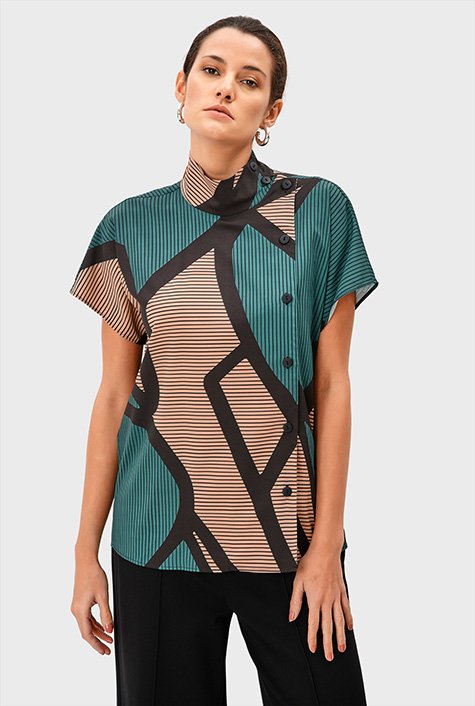 Shop Side button geo stripe print crepe top | eShakti