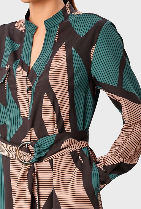 Shop Self-belt geo stripe print crepe dress | eShakti