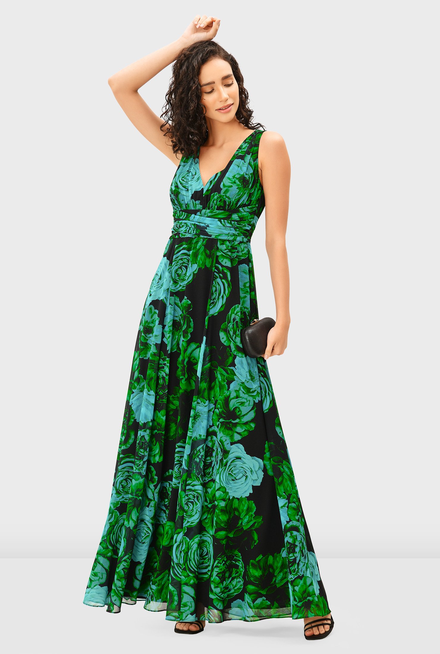 Shop Rose print georgette pleated empire maxi dress | eShakti