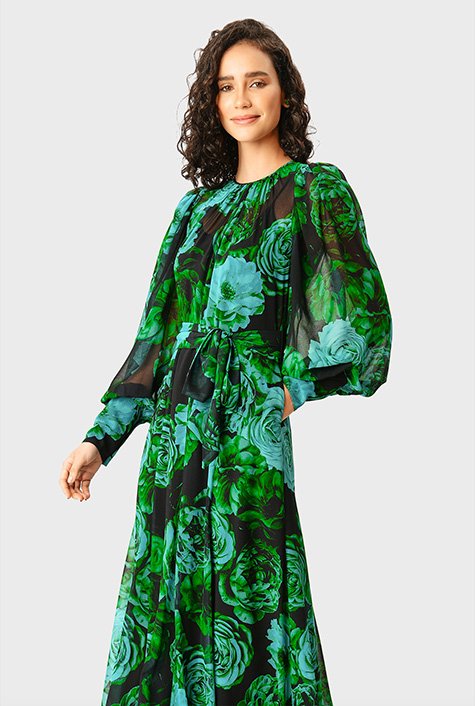 Shop Rose print georgette sash tie maxi dress | eShakti