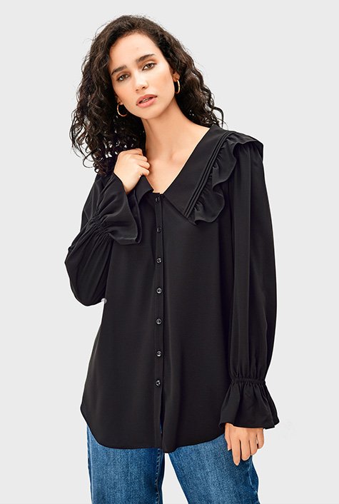 Shop Ruffle sailor collar fine crepe twill shirt | eShakti