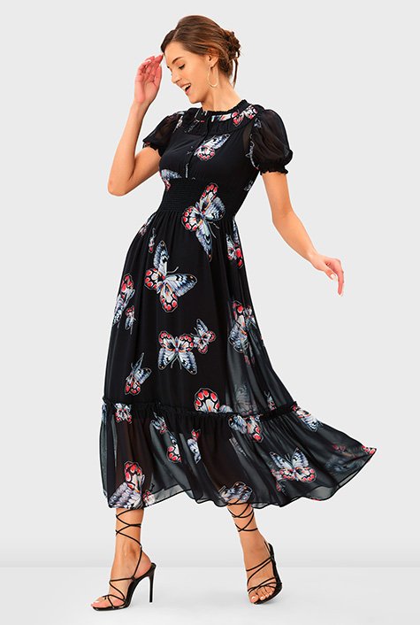 Shop Cutout waist butterfly print georgette dress | eShakti