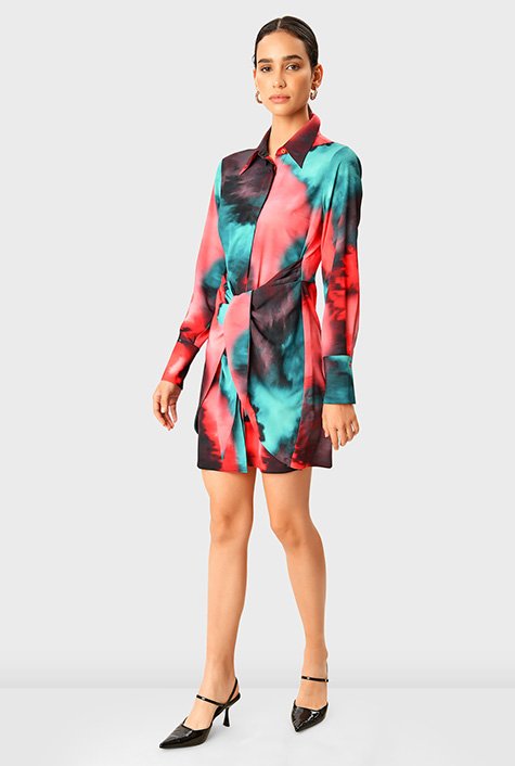Shop Tie front abstract print crepe shirtdress | eShakti
