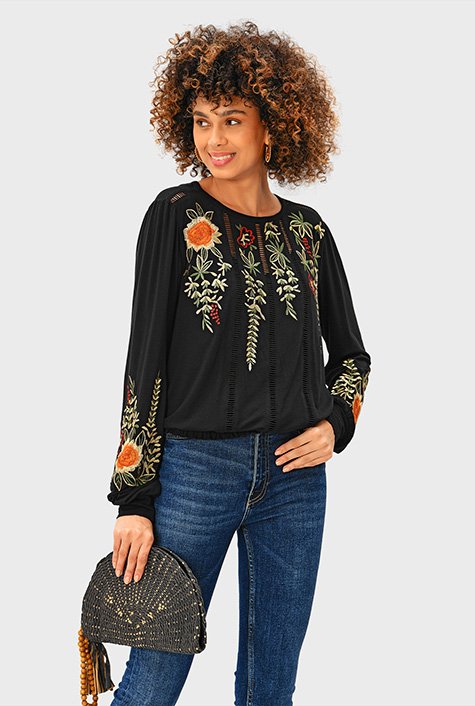 Knit top sale with floral embroidery