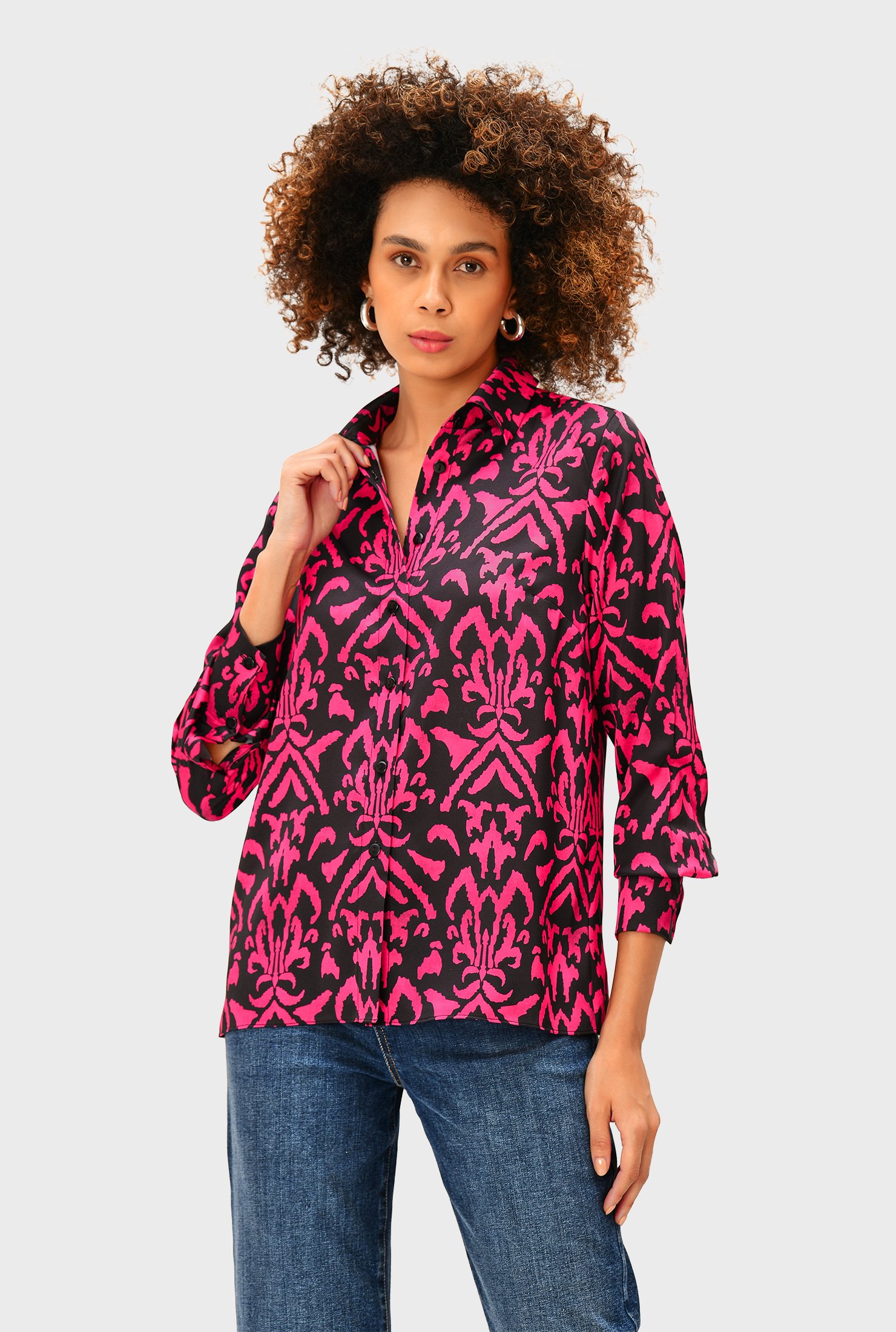 Shop Graphic ikat print satin shirt | eShakti