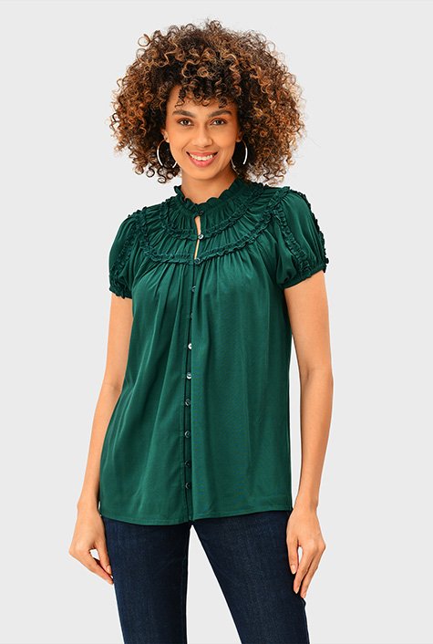 Ruffle frill trim ruched stretch rayon blouse