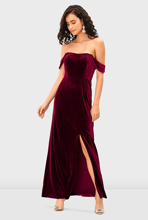 Shop Off-the-shoulder stretch velvet dress | eShakti